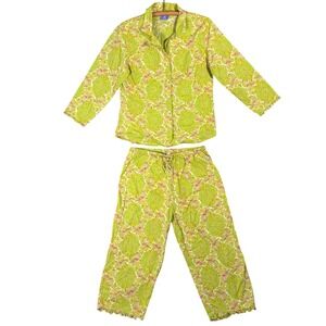 Annie Selke Pine Cone Hill Pajama Set Womens L Lime Green Paisley Cotton Cropped